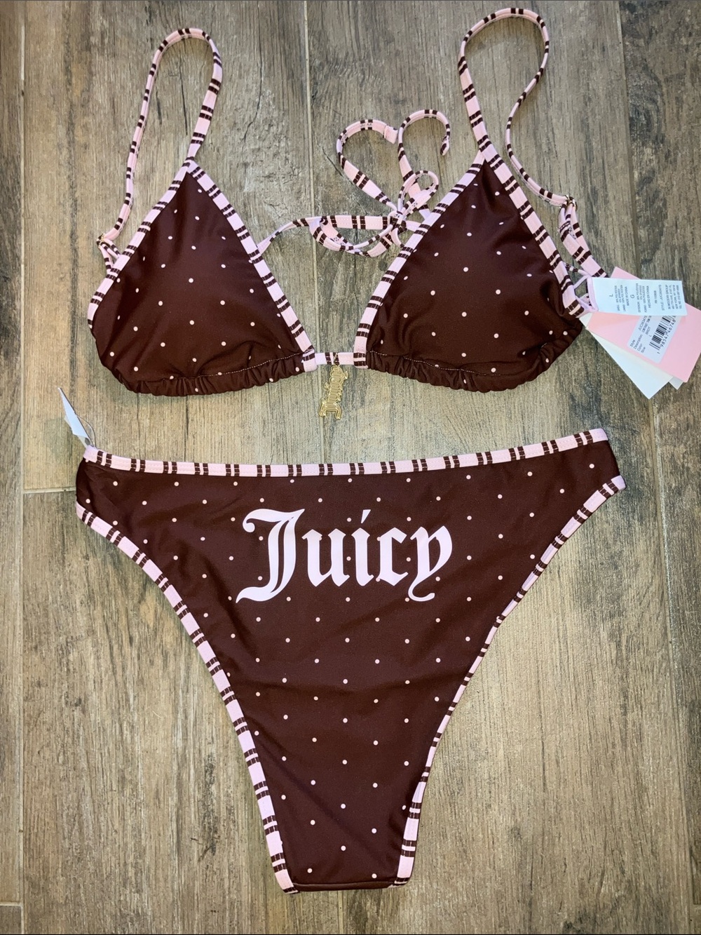💋Juicy Couture ✨viral✨ bikini two piece swimsuit pink brown polka dots sz L NWT